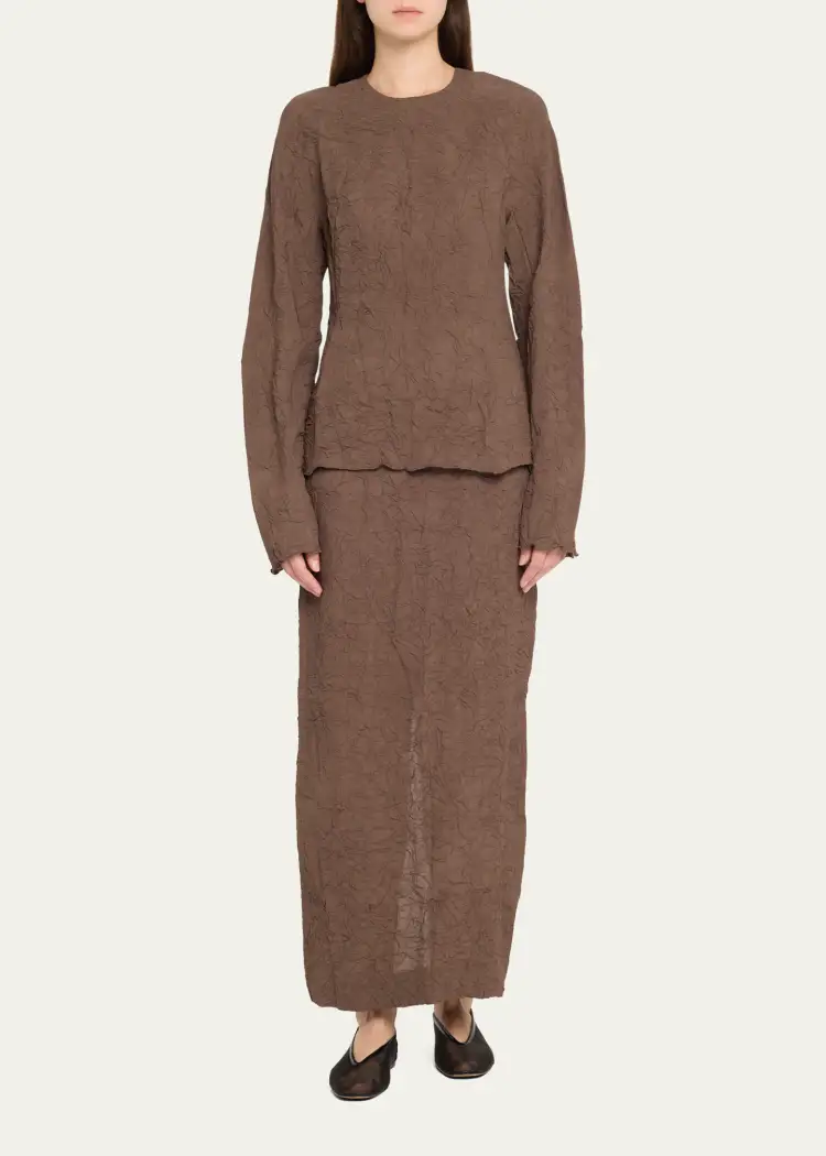 Mid-length crinkle skirt brown