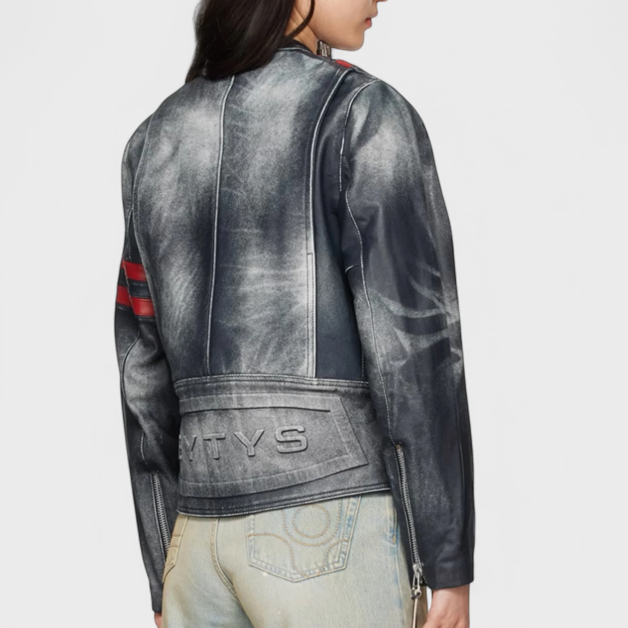 Damon Navy Stripe Leather Jacket - Image 2